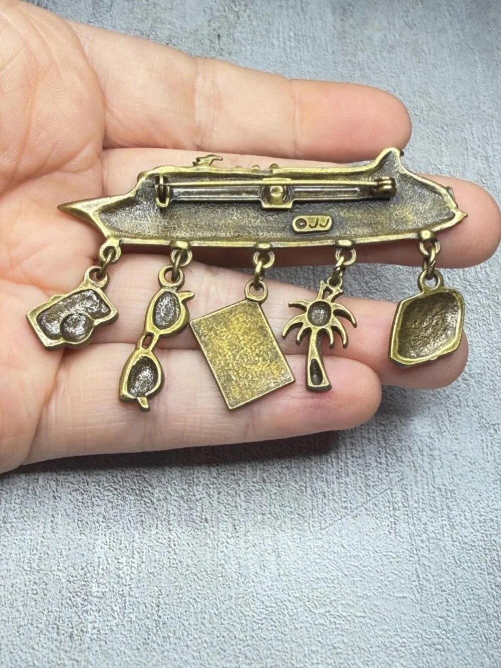 Cruise Ship Brooch Dangle Charms Vintage JJ Jonette Pin